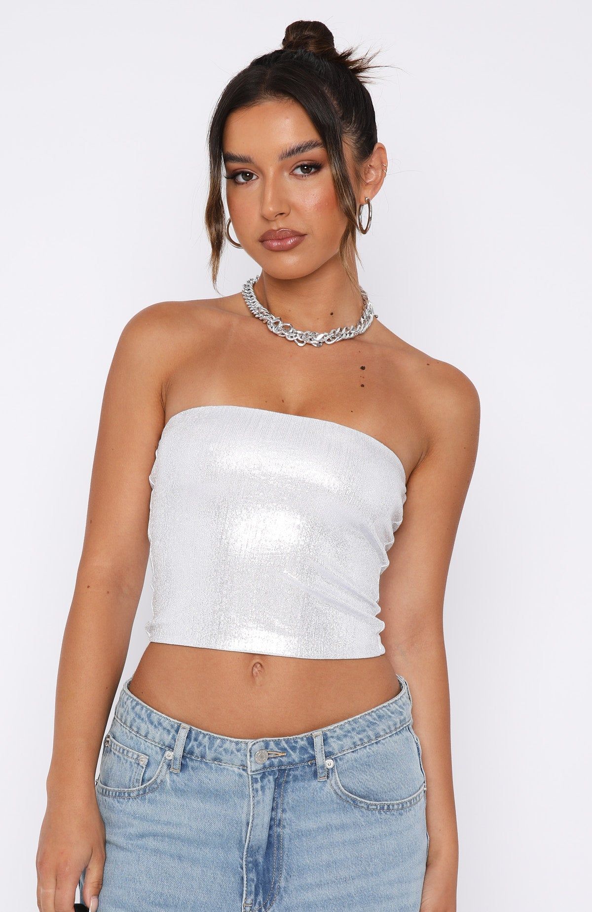 Balancing Act Strapless Top Silver sold by White Fox Boutique product image thumbnail 2