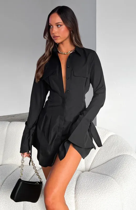 Stay The Night Long Sleeve Mini Dress Black sold by White Fox Boutique