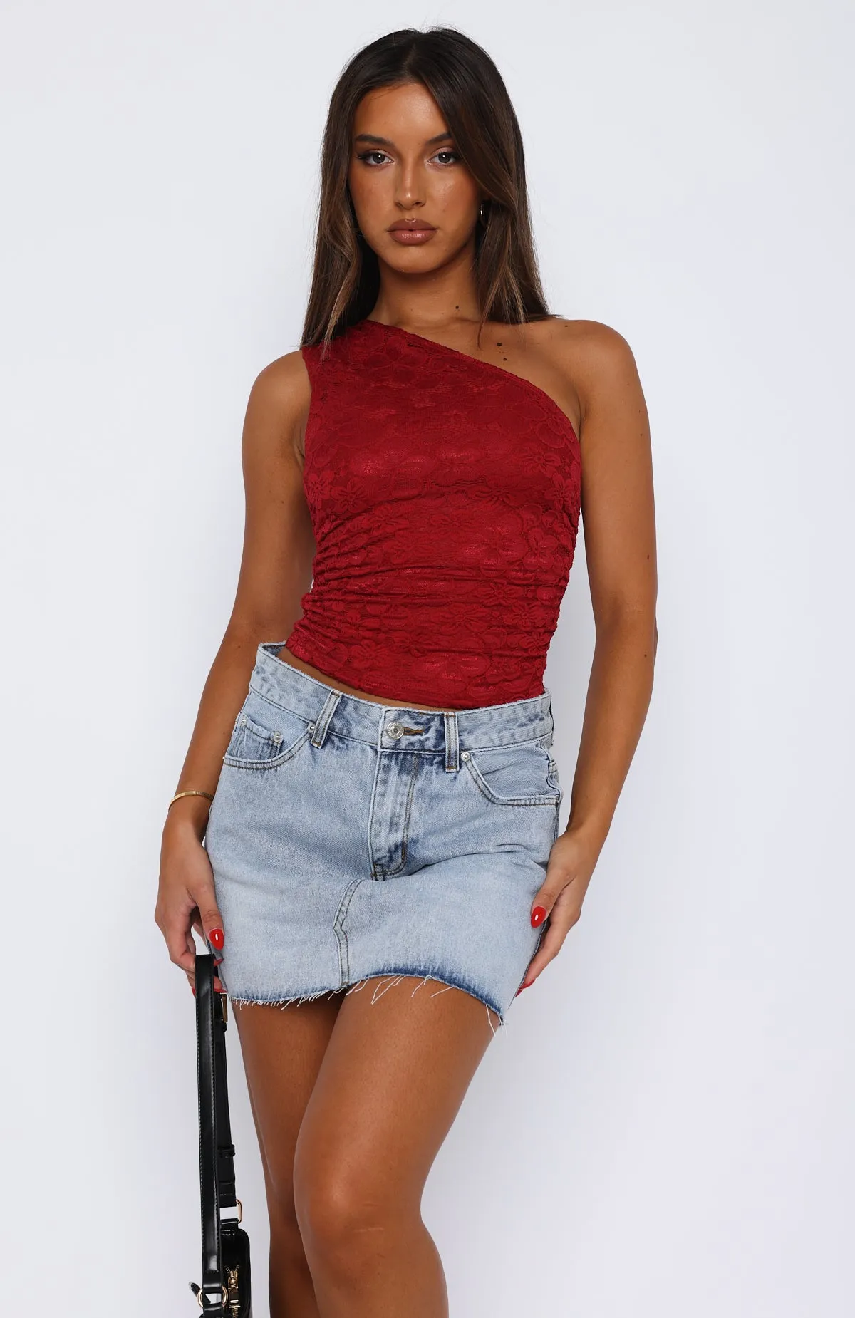 Silent Hours Lace One Shoulder Top Wine sold by White Fox Boutique