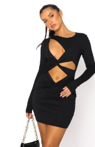 Feel The Movement Long Sleeve Mini Dress Black sold by White Fox Boutique