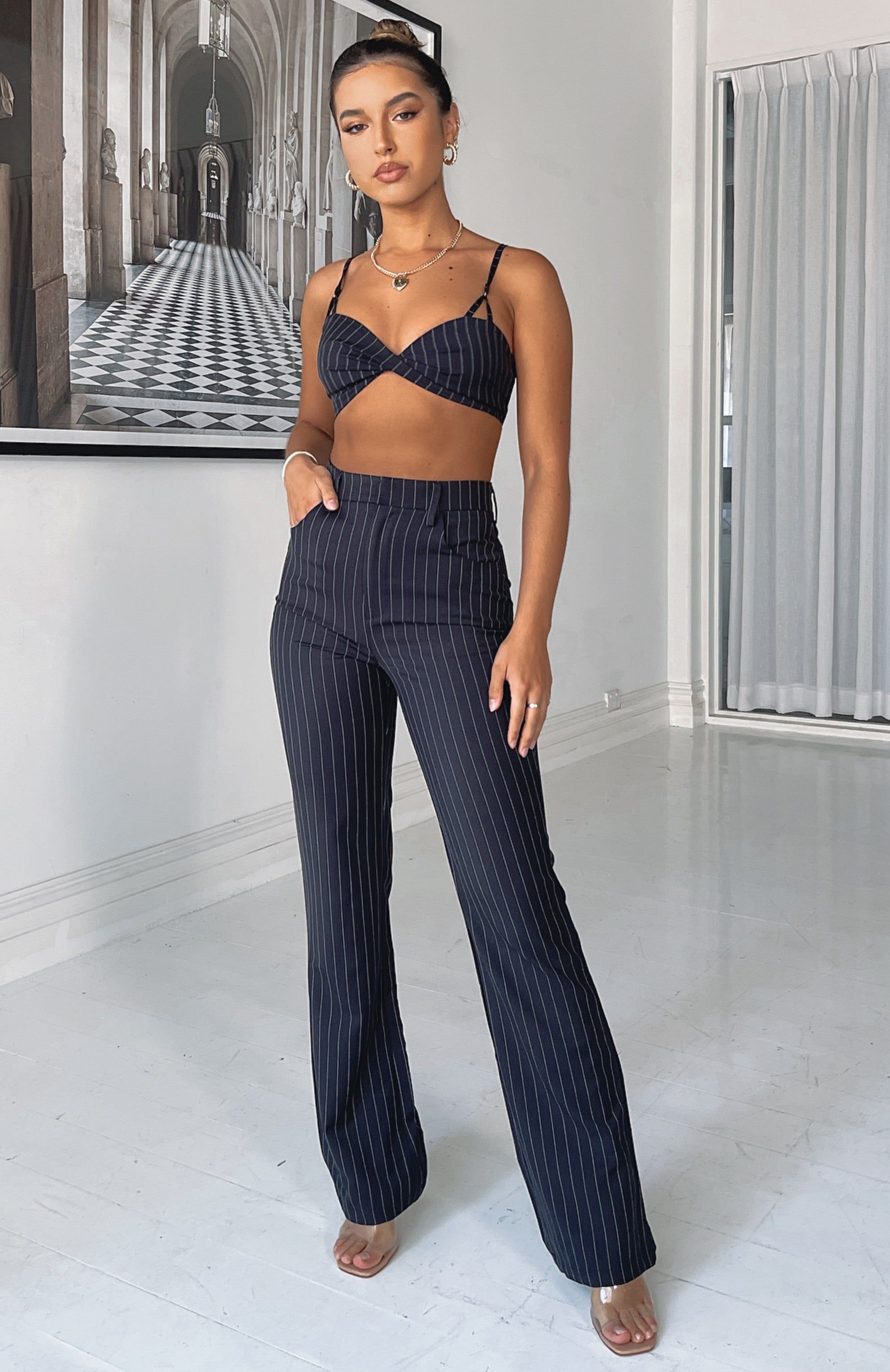 There She Goes Pants Navy Pinstripe sold by White Fox Boutique