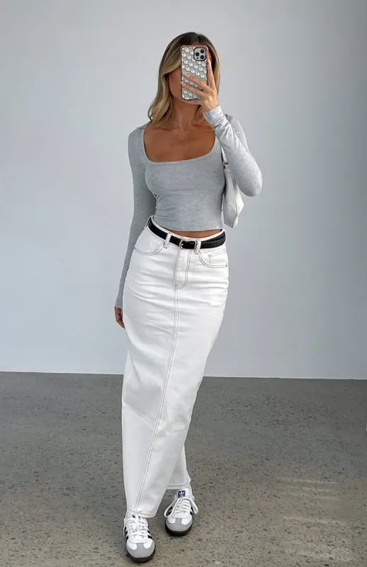 Never Lose Denim Maxi Skirt White sold by White Fox Boutique