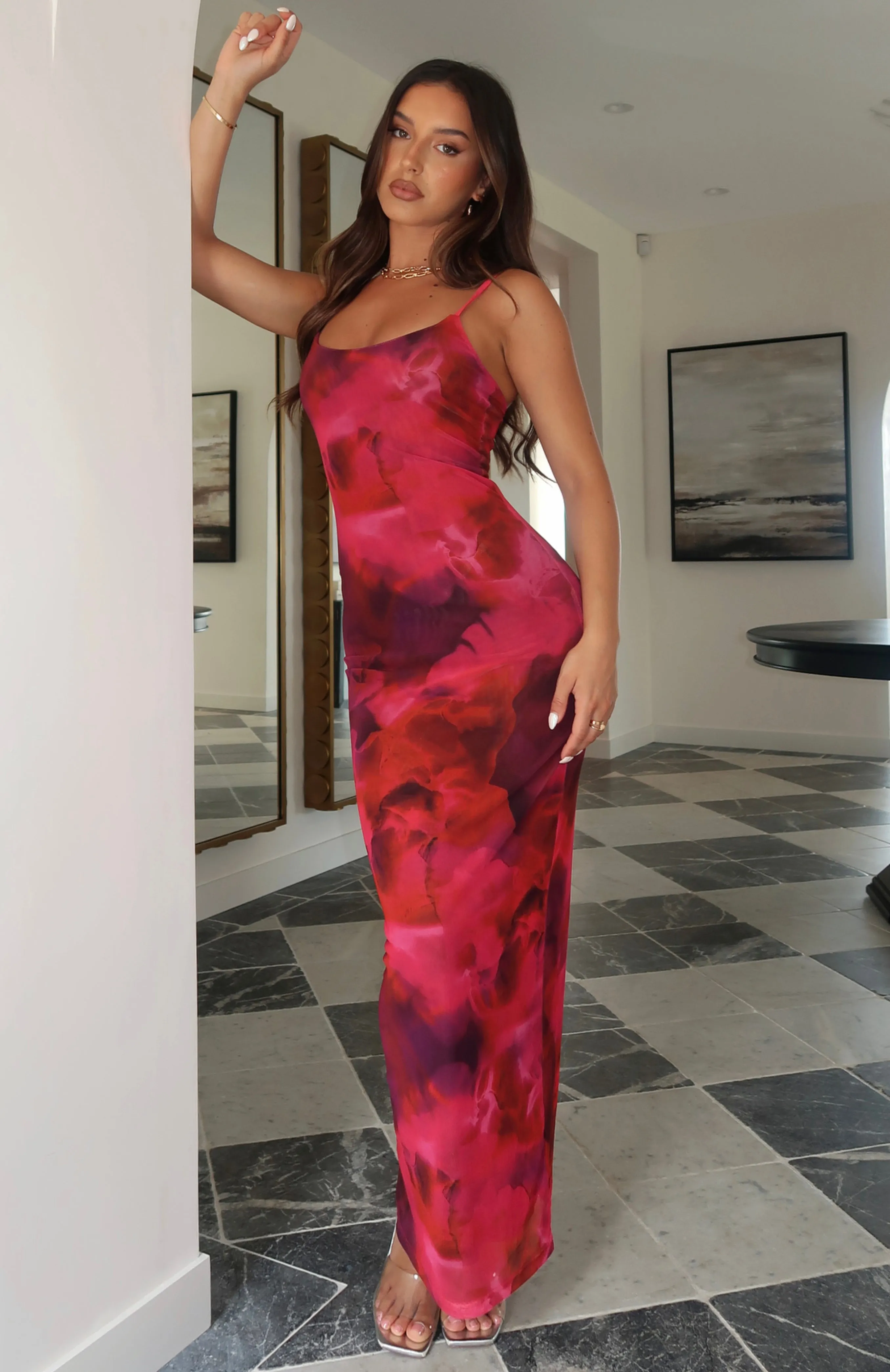 Same Heart Mesh Maxi Dress Red Amaryllis sold by White Fox Boutique