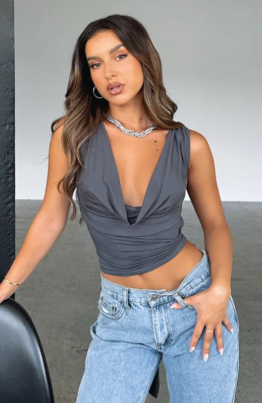 All Me Tie Back Top Charcoal sold by White Fox Boutique