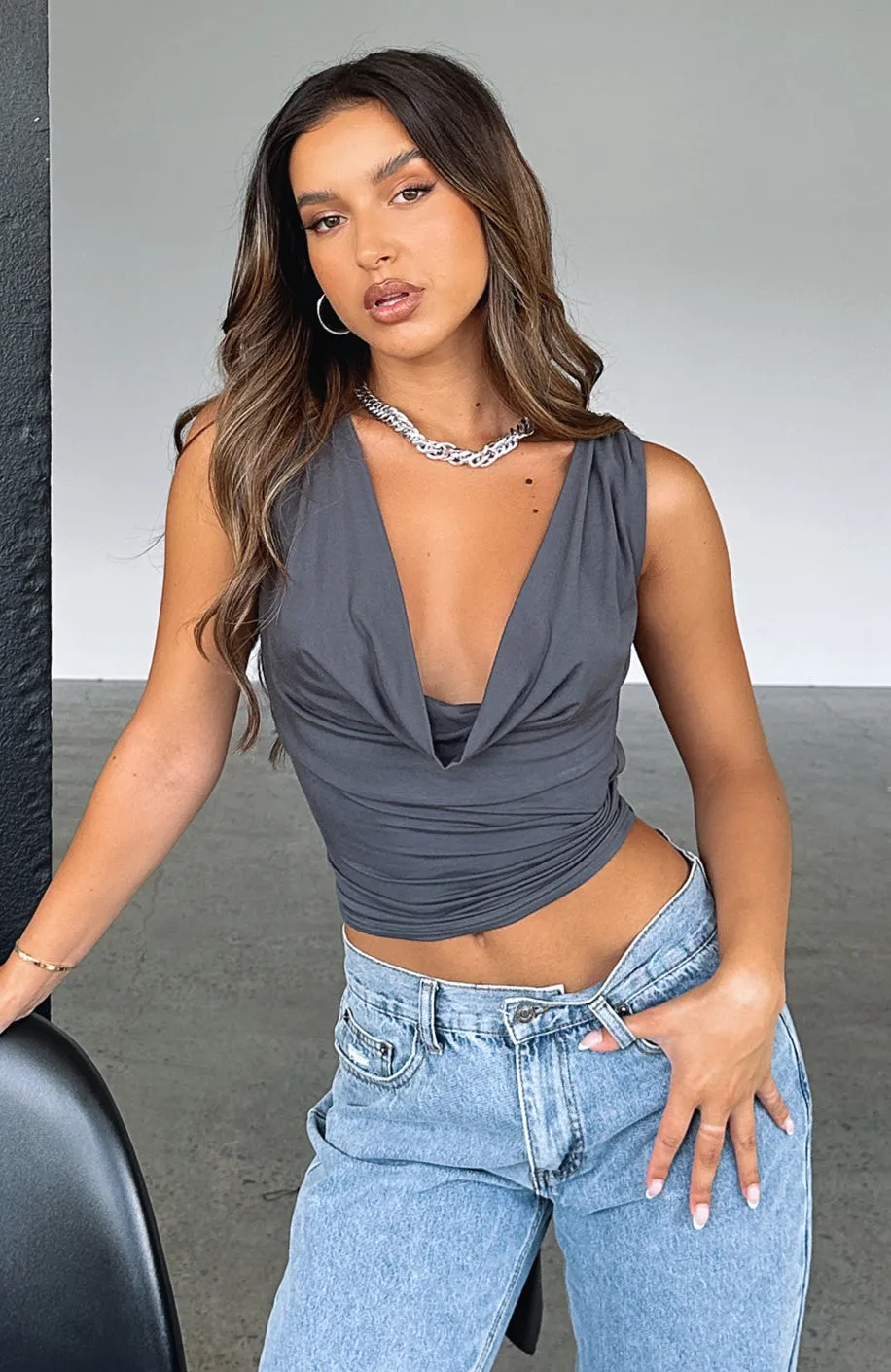 All Me Tie Back Top Charcoal sold by White Fox Boutique