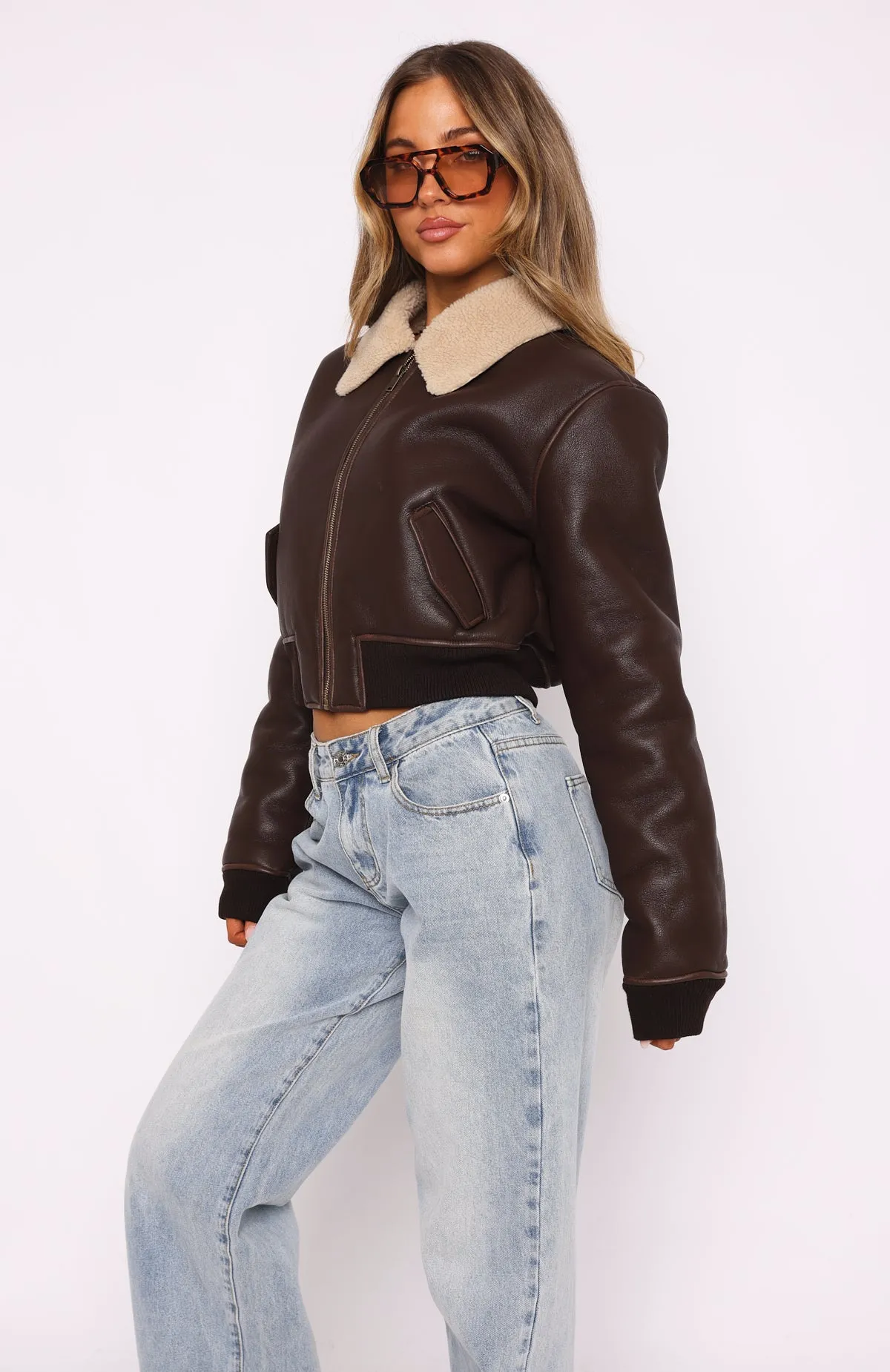 For The People PU Bomber Jacket Chocolate sold by White Fox Boutique product image thumbnail 3