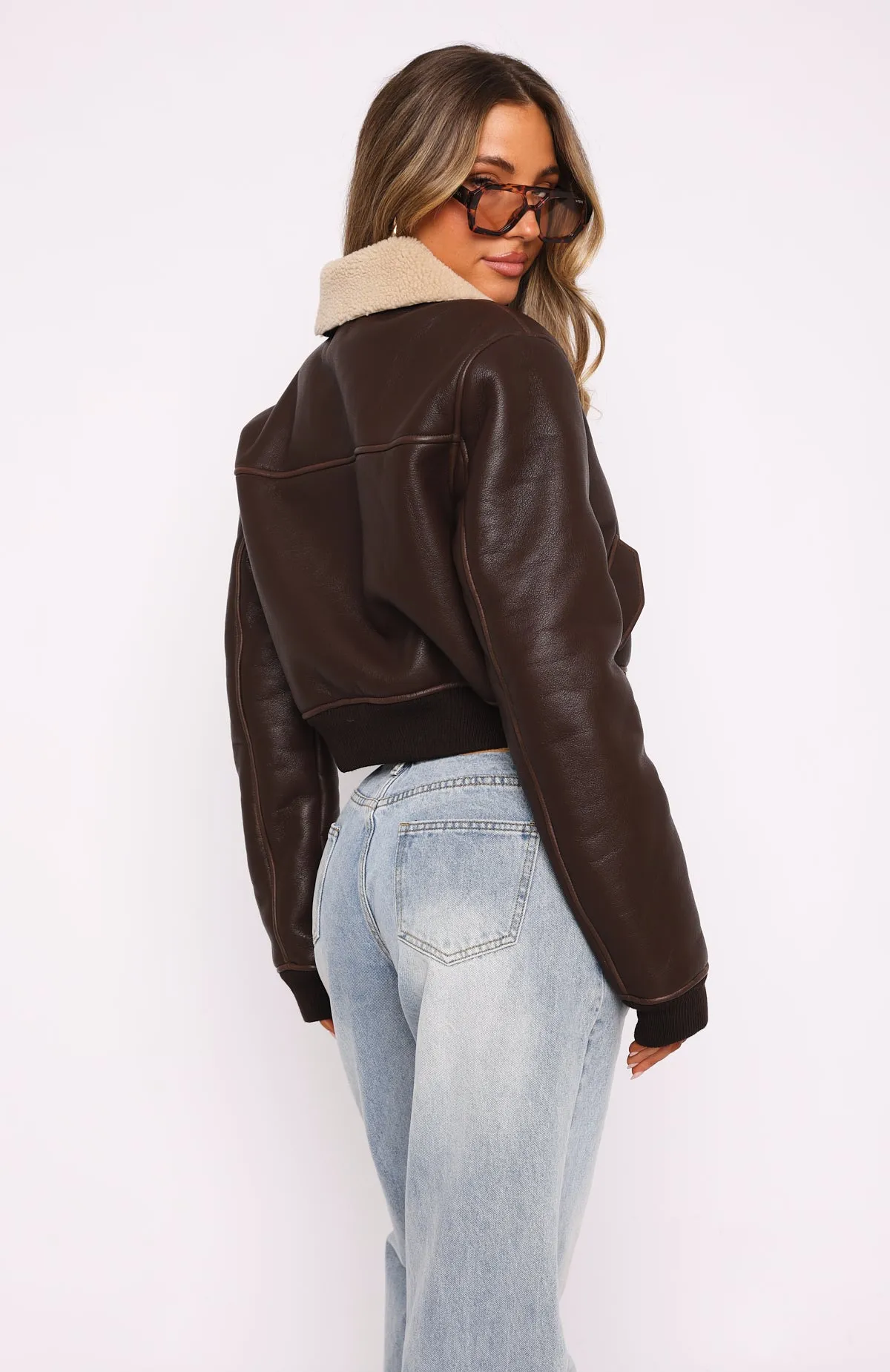 For The People PU Bomber Jacket Chocolate sold by White Fox Boutique product image thumbnail 4