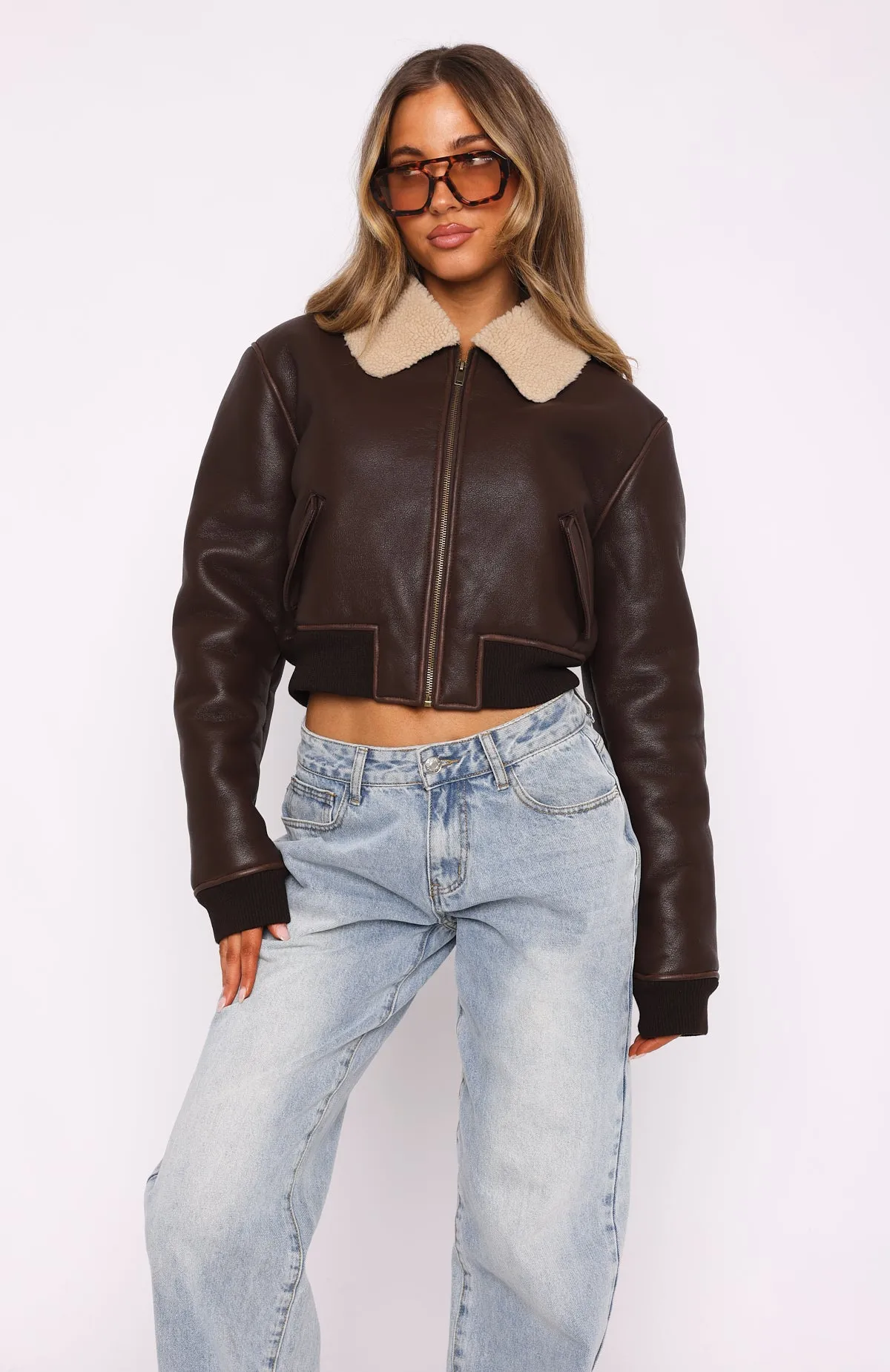 For The People PU Bomber Jacket Chocolate sold by White Fox Boutique product image thumbnail 2
