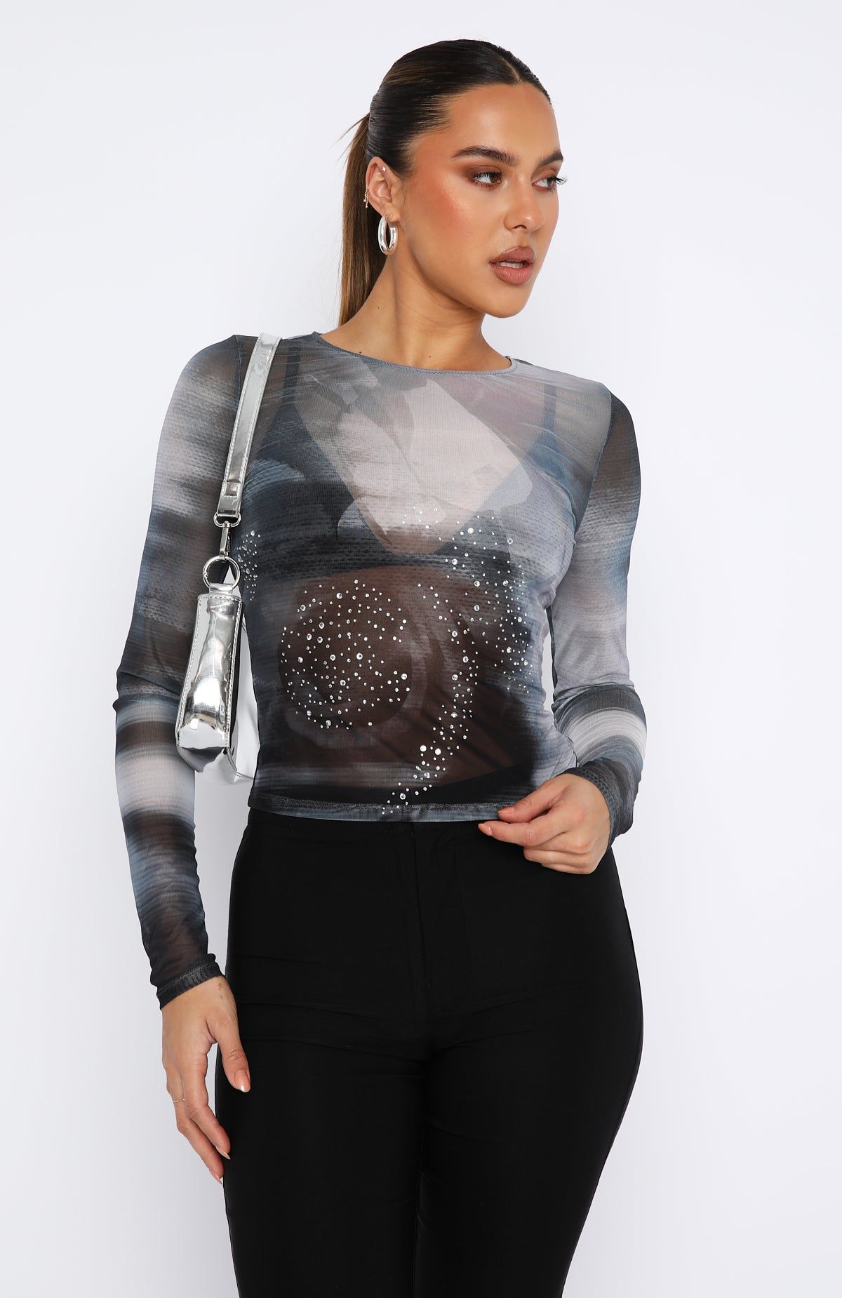 Little Bit Longer Long Sleeve Top Greyscale Rose sold by White Fox Boutique product image thumbnail 2