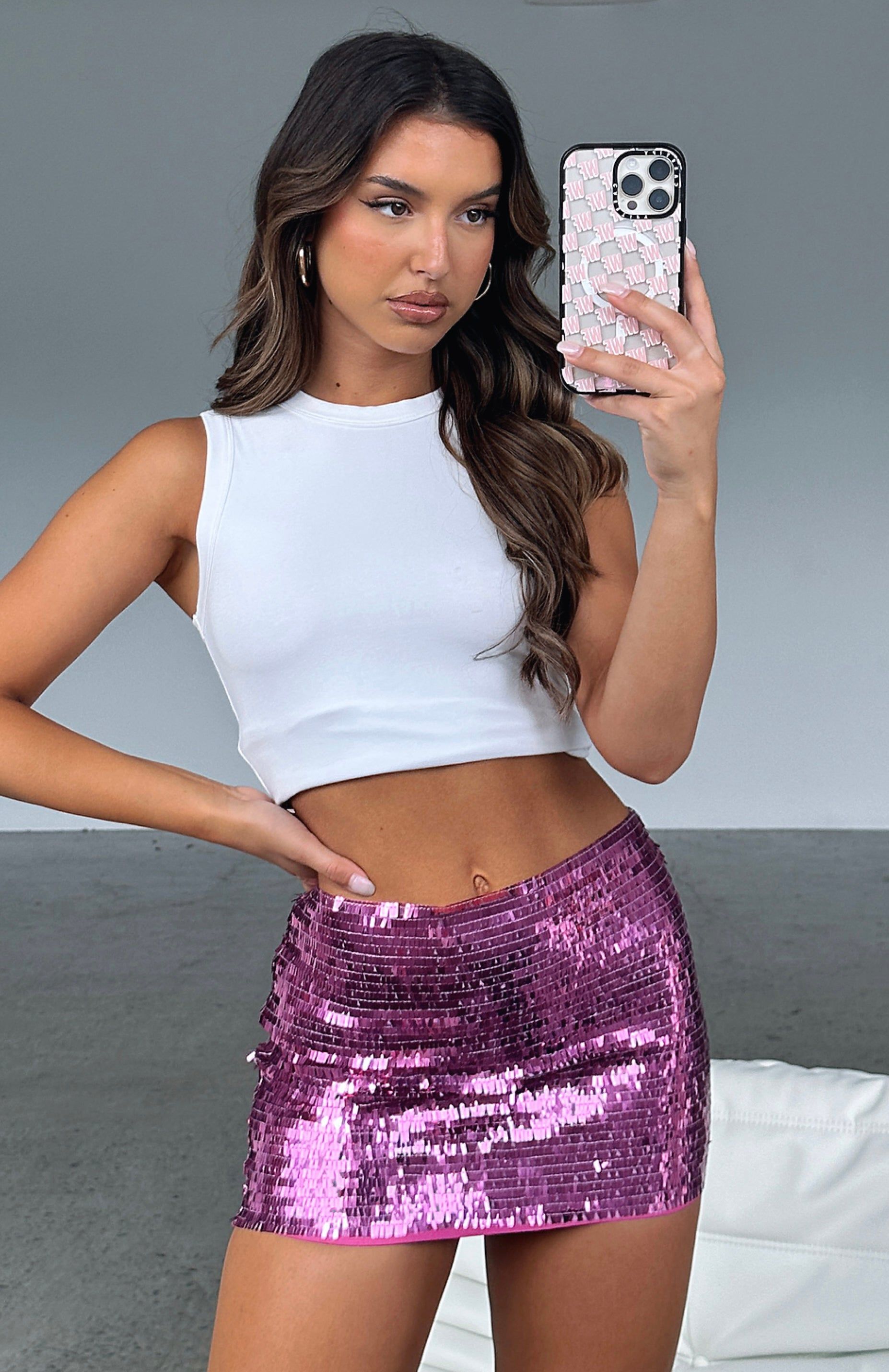 Show Off A Little Sequin Mini Skirt Pink sold by White Fox Boutique