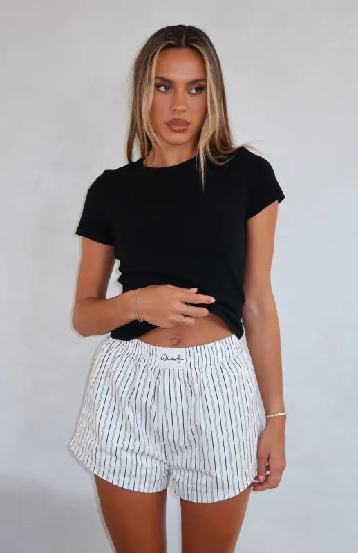 Work With It Striped Shorts White sold by White Fox Boutique