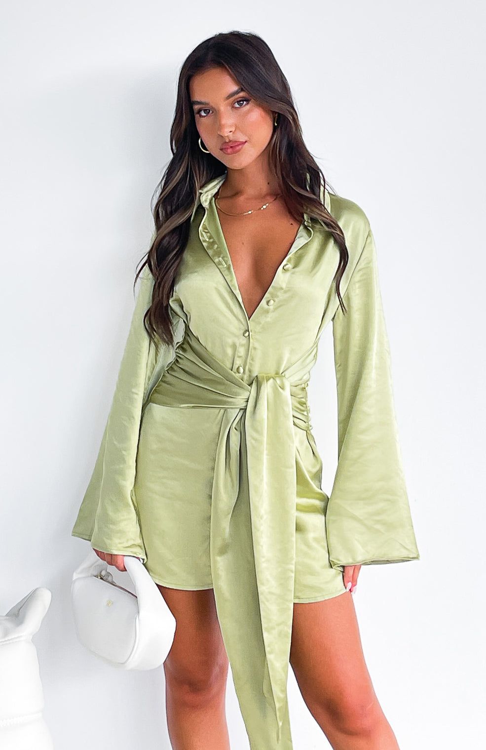 Night Out Long Sleeve Mini Dress Matcha sold by White Fox Boutique