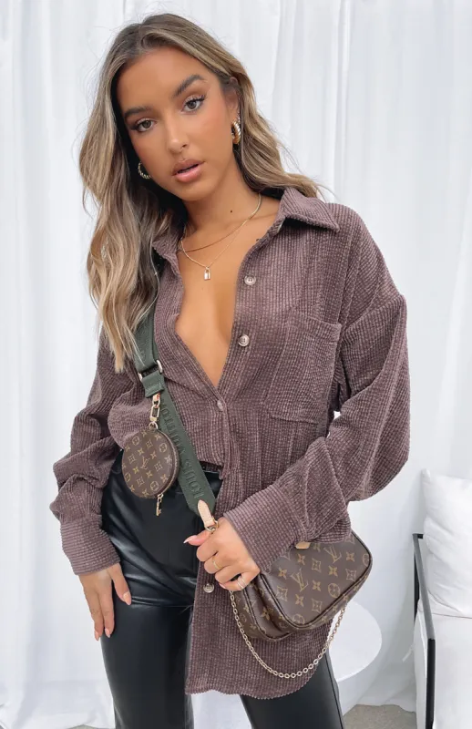 Out And About Cord Long Sleeve Shirt Chocolate sold by White Fox Boutique
