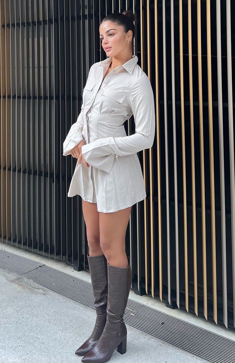 Stay The Night Long Sleeve Mini Dress Taupe sold by White Fox Boutique