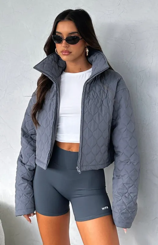 Too Distant Cropped Puffer Jacket Charcoal sold by White Fox Boutique