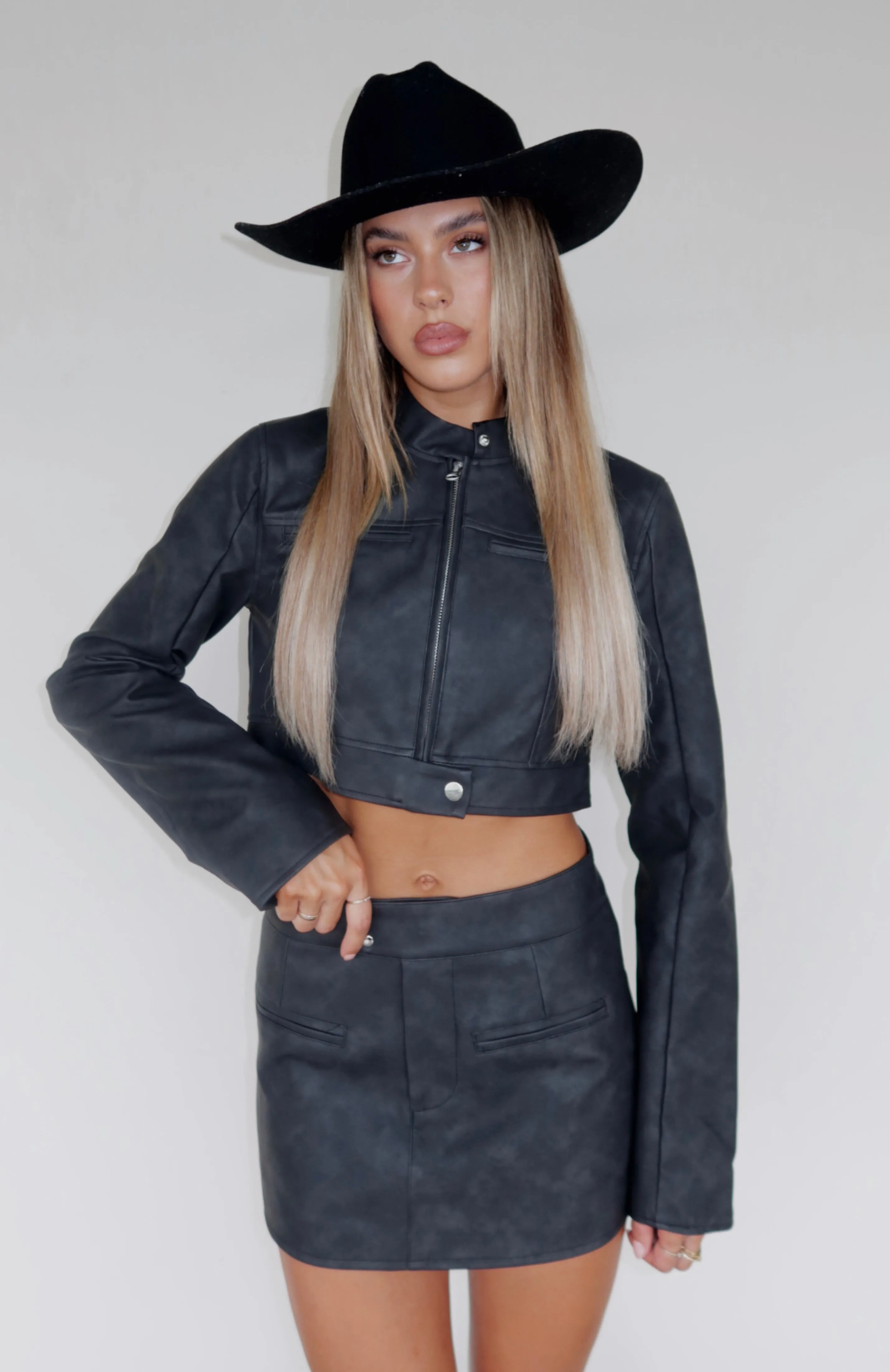 Flaunt It Cropped PU Jacket Black sold by White Fox Boutique