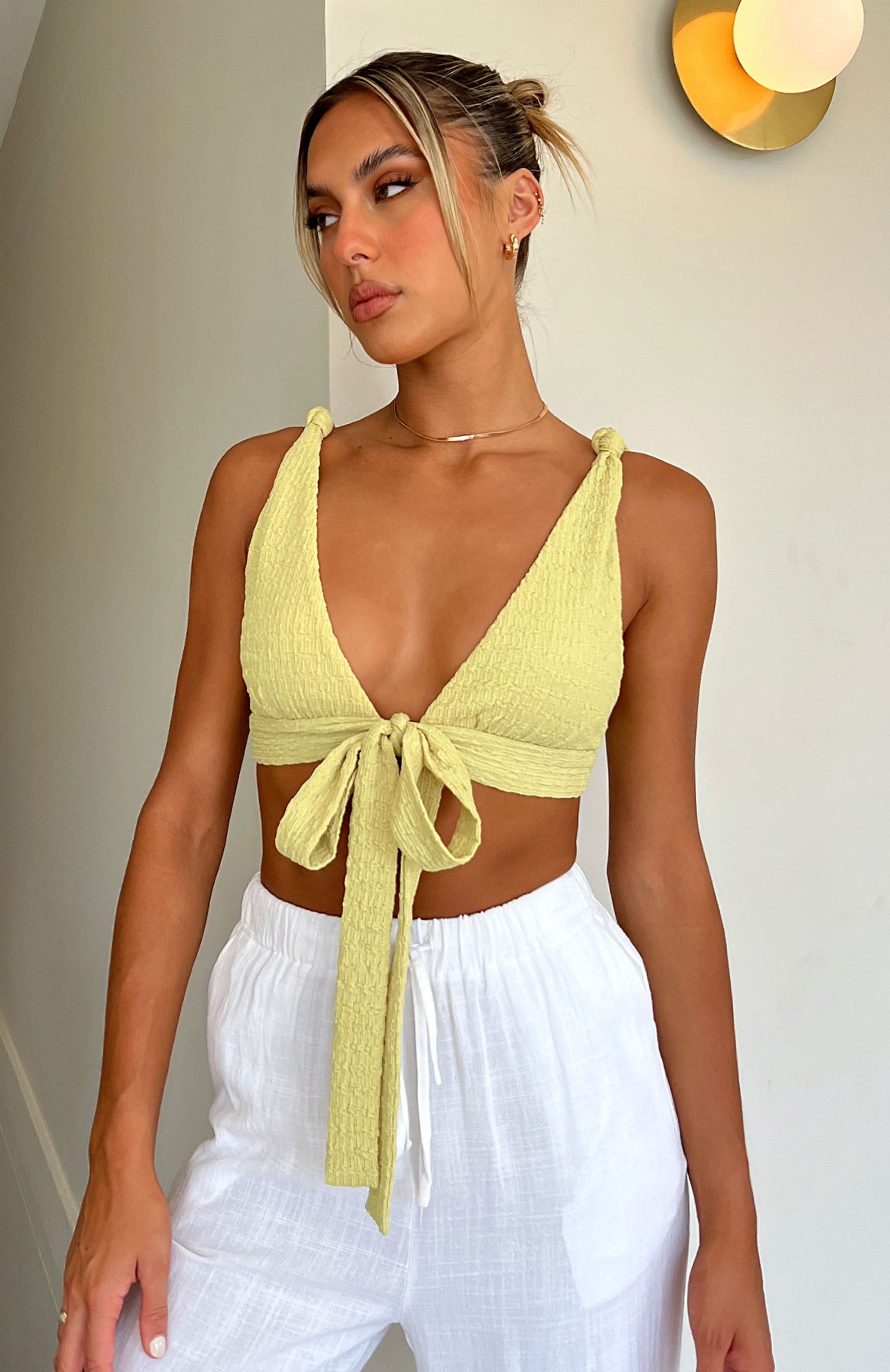 Falling Into You Tie Front Crop Matcha sold by White Fox Boutique