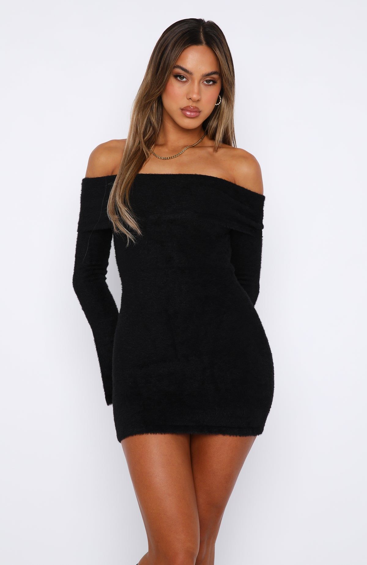 black mini dress with side train Black Winter Garden Long Sleeve Maxi Dress – FARM Rio main image 0