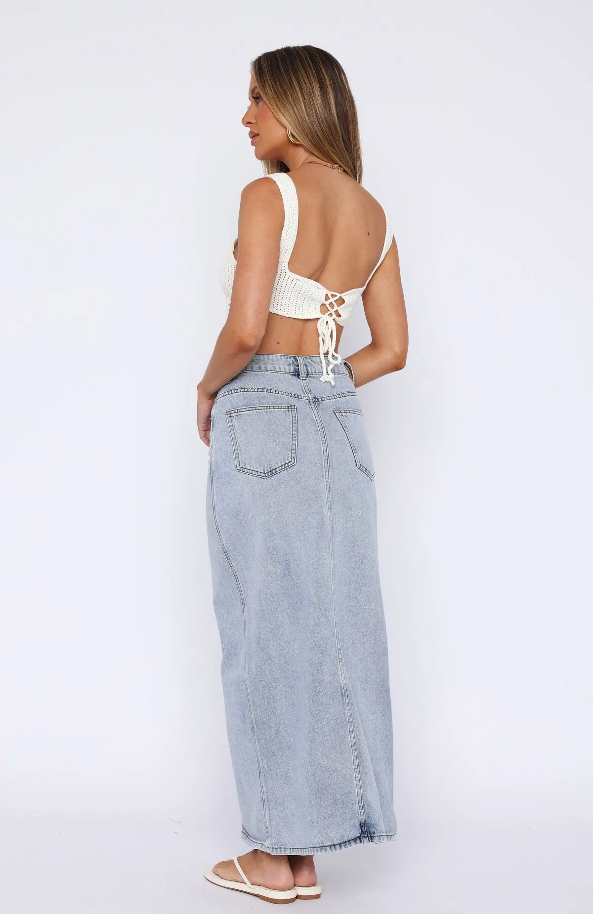 Let's Take A Trip Denim Maxi Skirt Light Blue sold by White Fox Boutique product image thumbnail 4