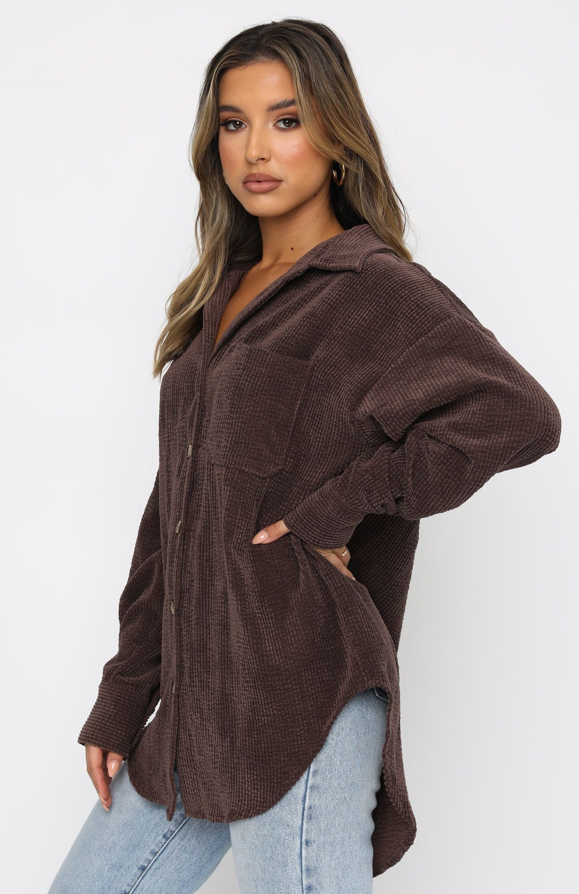 Out And About Cord Long Sleeve Shirt Chocolate sold by White Fox Boutique product image thumbnail 4