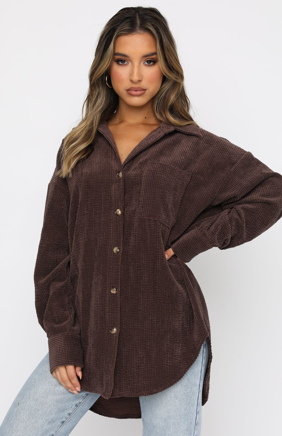 Out And About Cord Long Sleeve Shirt Chocolate sold by White Fox Boutique product image thumbnail 3