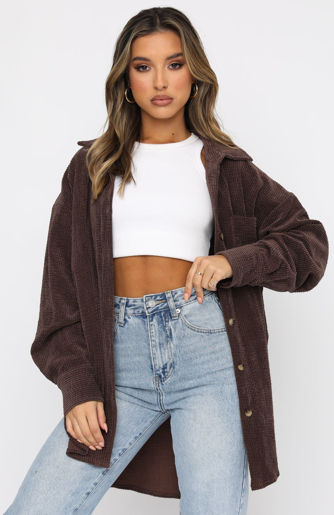 Out And About Cord Long Sleeve Shirt Chocolate sold by White Fox Boutique product image thumbnail 2