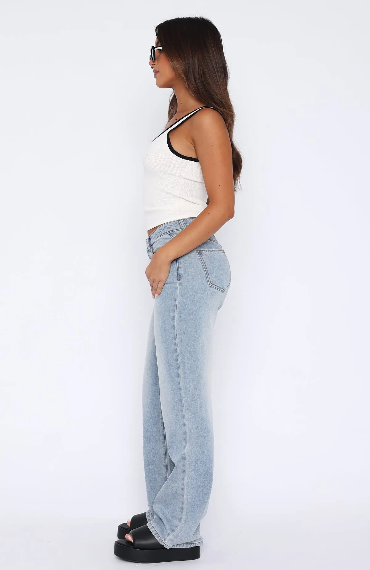 Desire Mid Rise Straight Leg Jeans Light Blue Wash sold by White Fox Boutique product image thumbnail 3