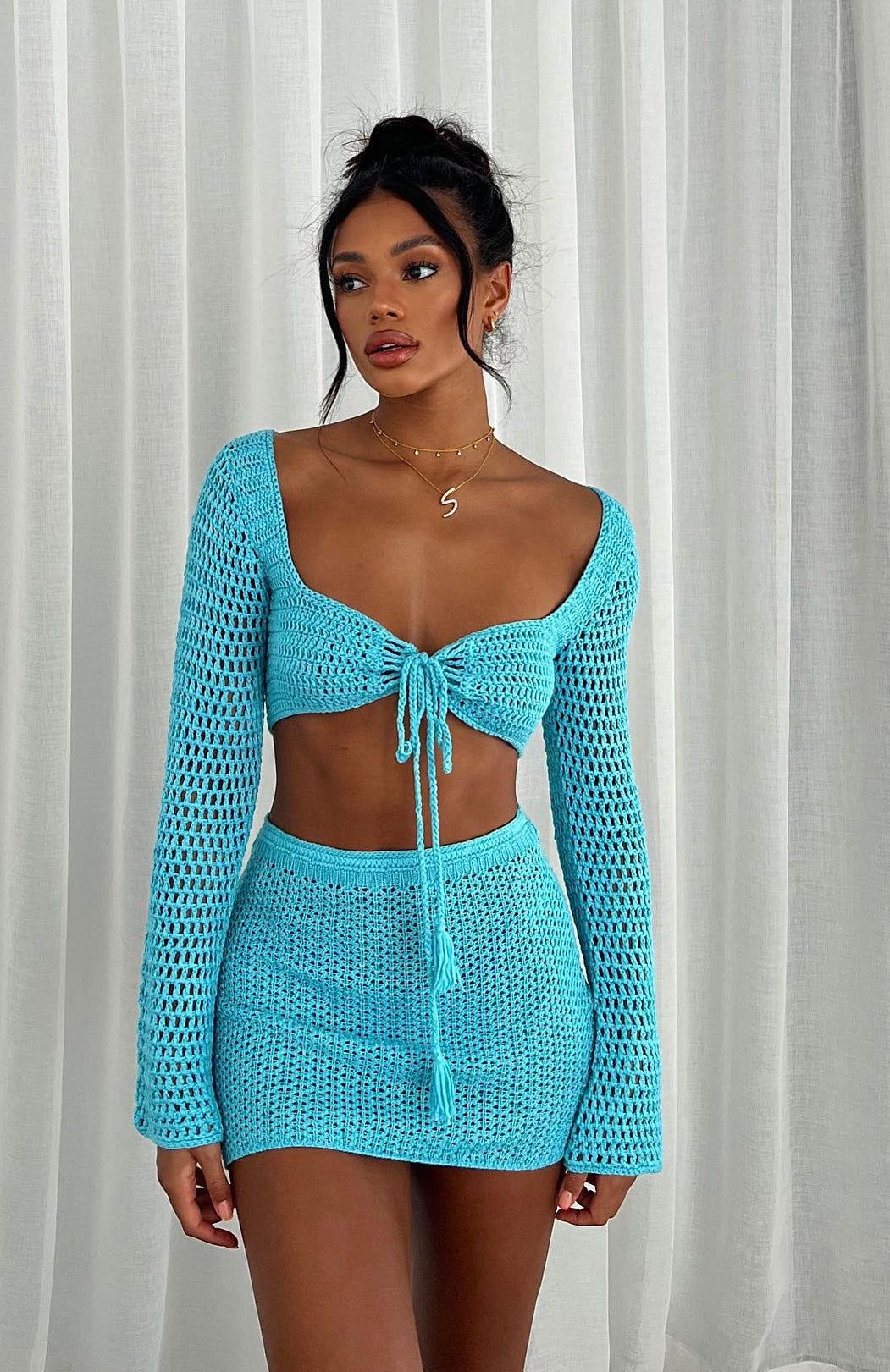 I Was Here Long Sleeve Crochet Crop Blue sold by White Fox Boutique