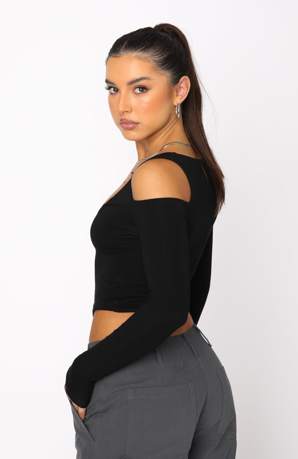 On Time Long Sleeve Crop Black sold by White Fox Boutique product image thumbnail 4