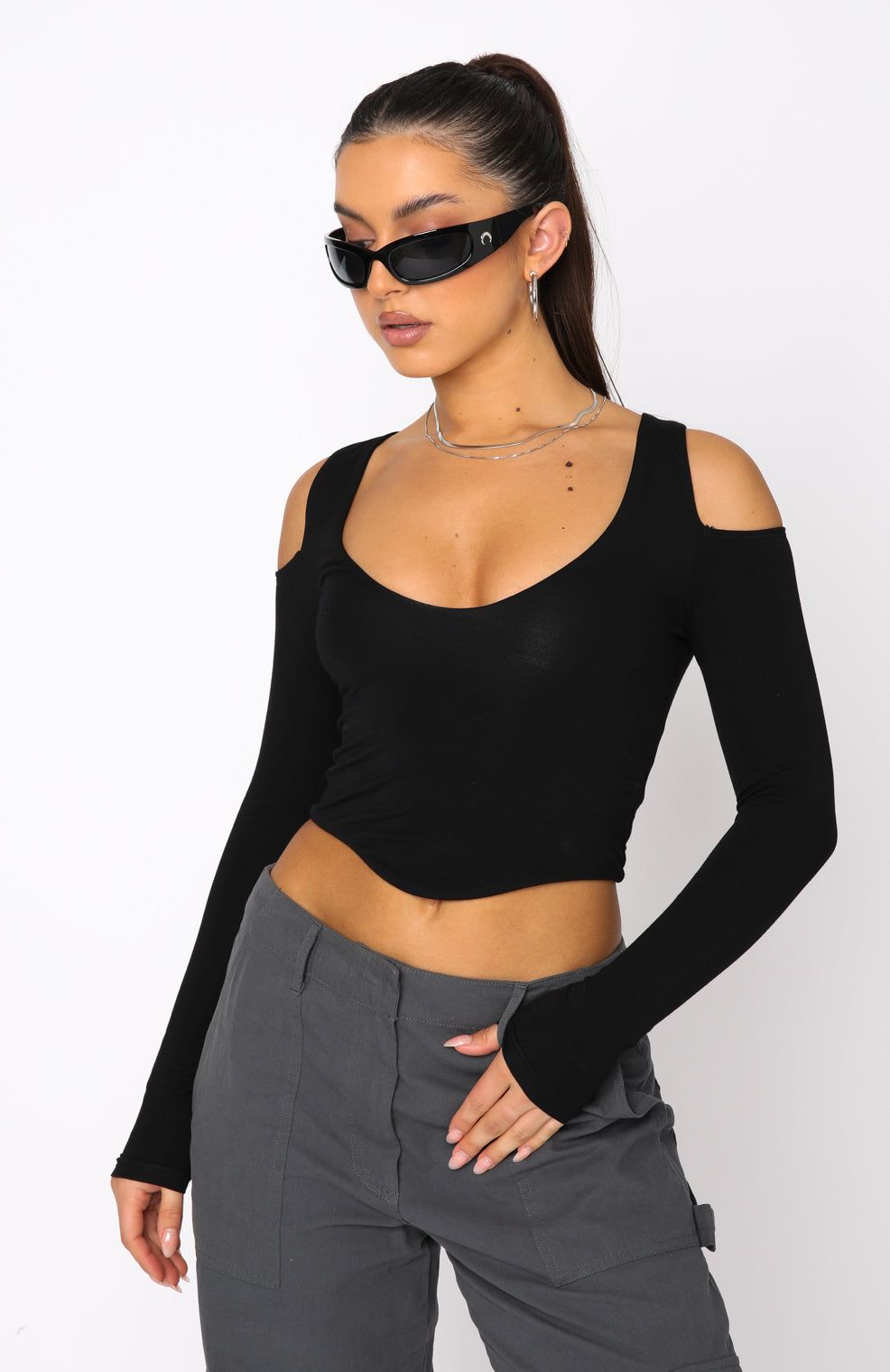 On Time Long Sleeve Crop Black sold by White Fox Boutique product image thumbnail 2