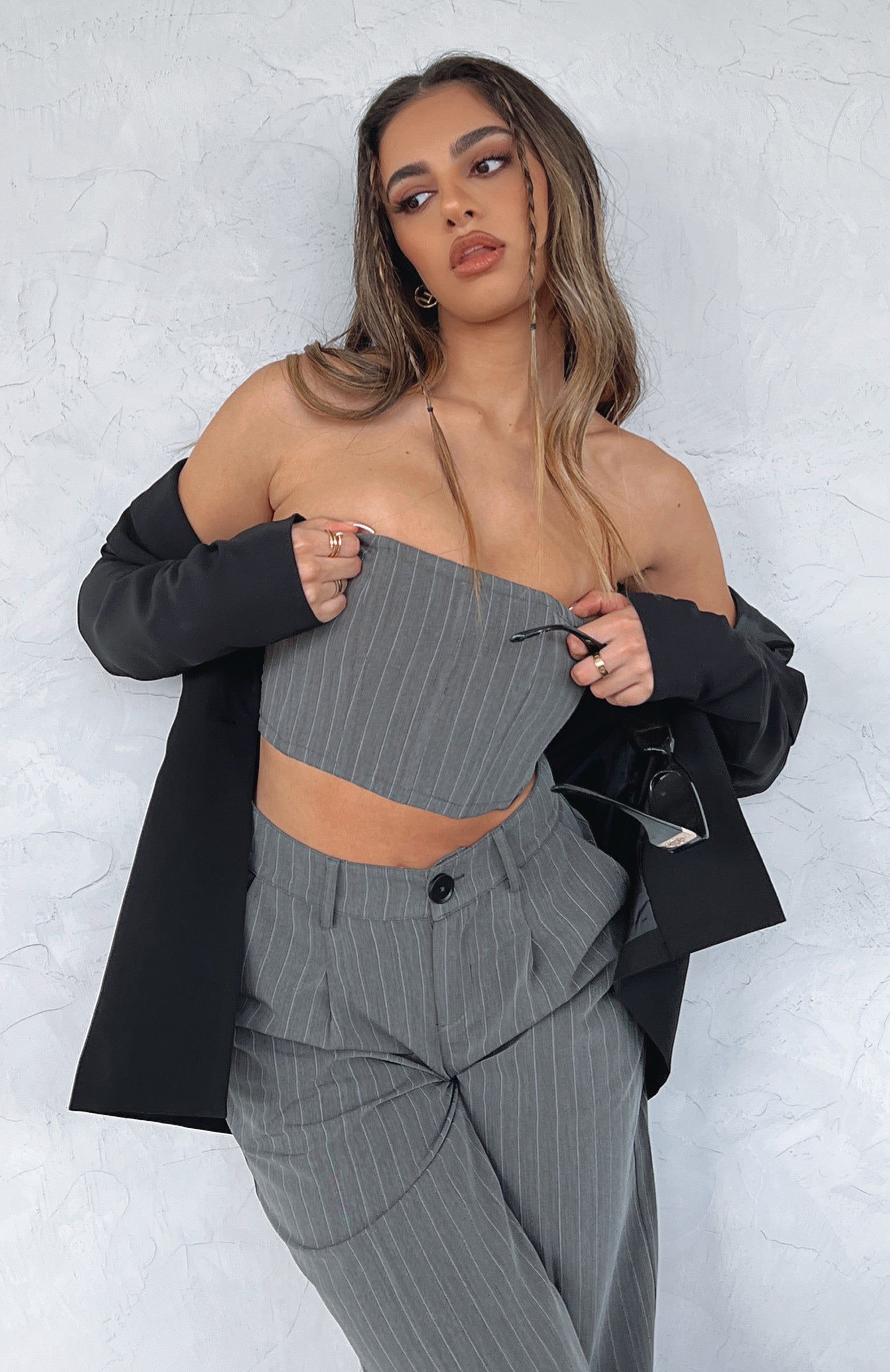 Catch The Trend Bustier Grey Stripe sold by White Fox Boutique