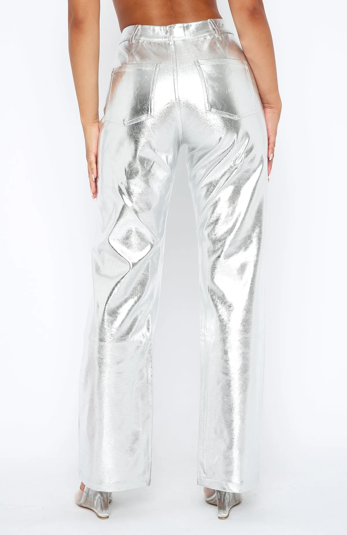 Push The Button Metallic PU Pants Silver sold by White Fox Boutique product image thumbnail 4