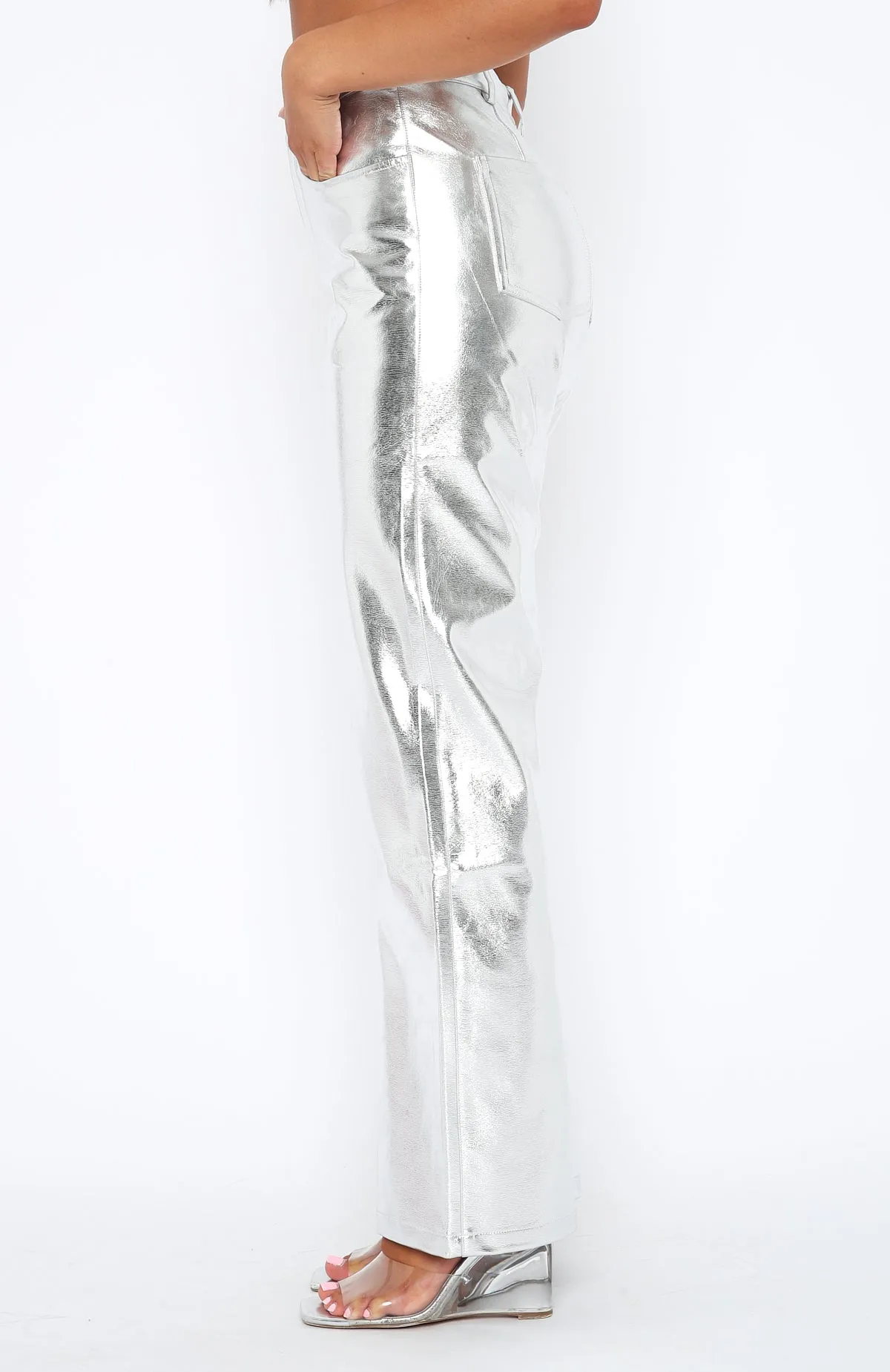 Push The Button Metallic PU Pants Silver sold by White Fox Boutique product image thumbnail 3