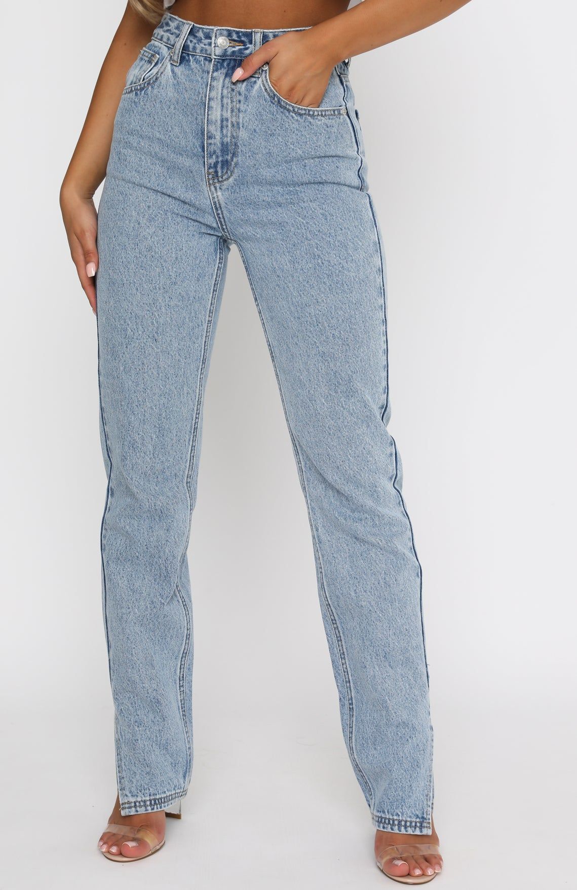 Be Cool High Rise Straight Leg Denim Jeans Washed Blue sold by White Fox Boutique product image thumbnail 7