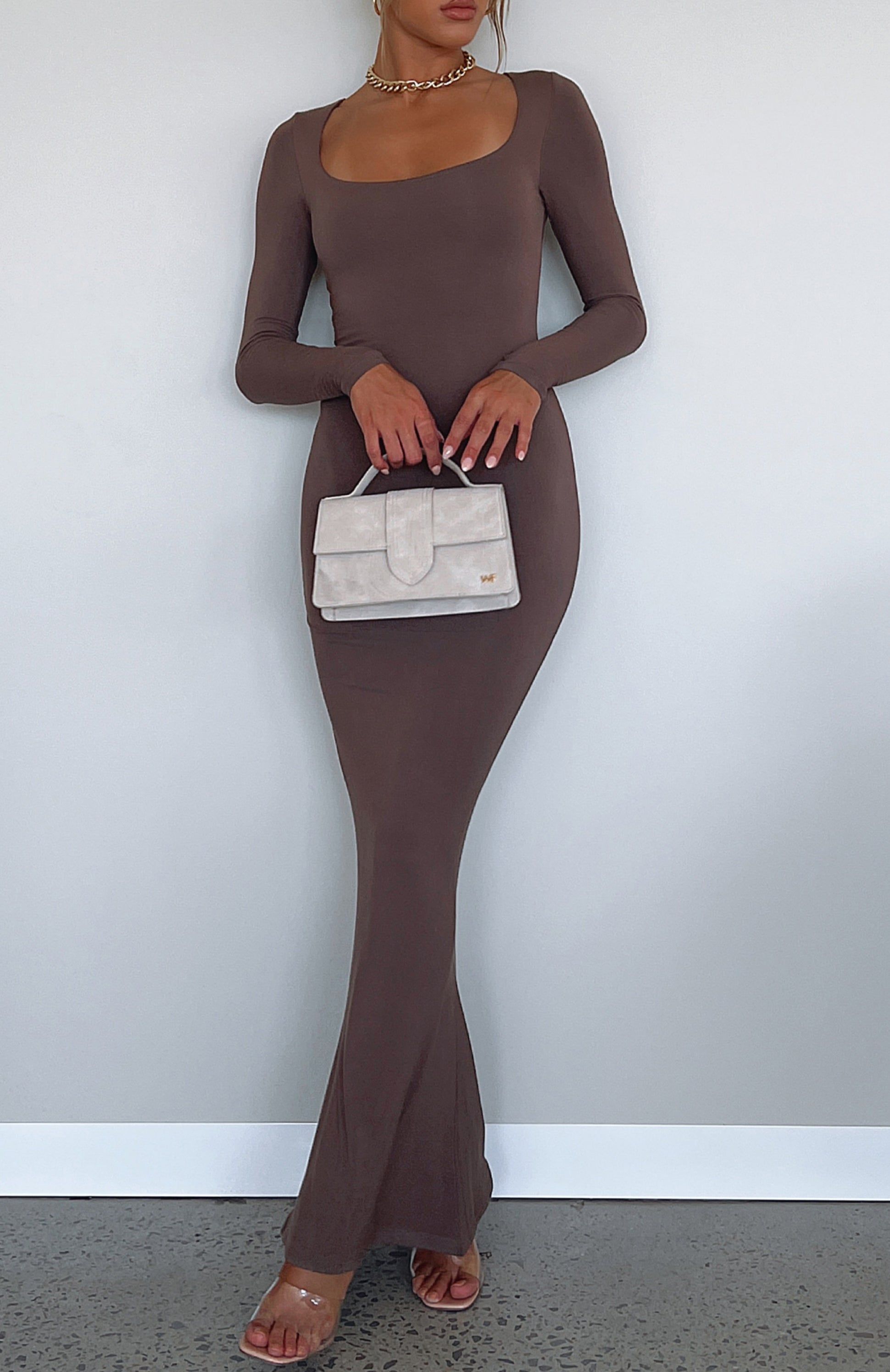 Get My Attention Long Sleeve Maxi Dress Mocha sold by White Fox Boutique