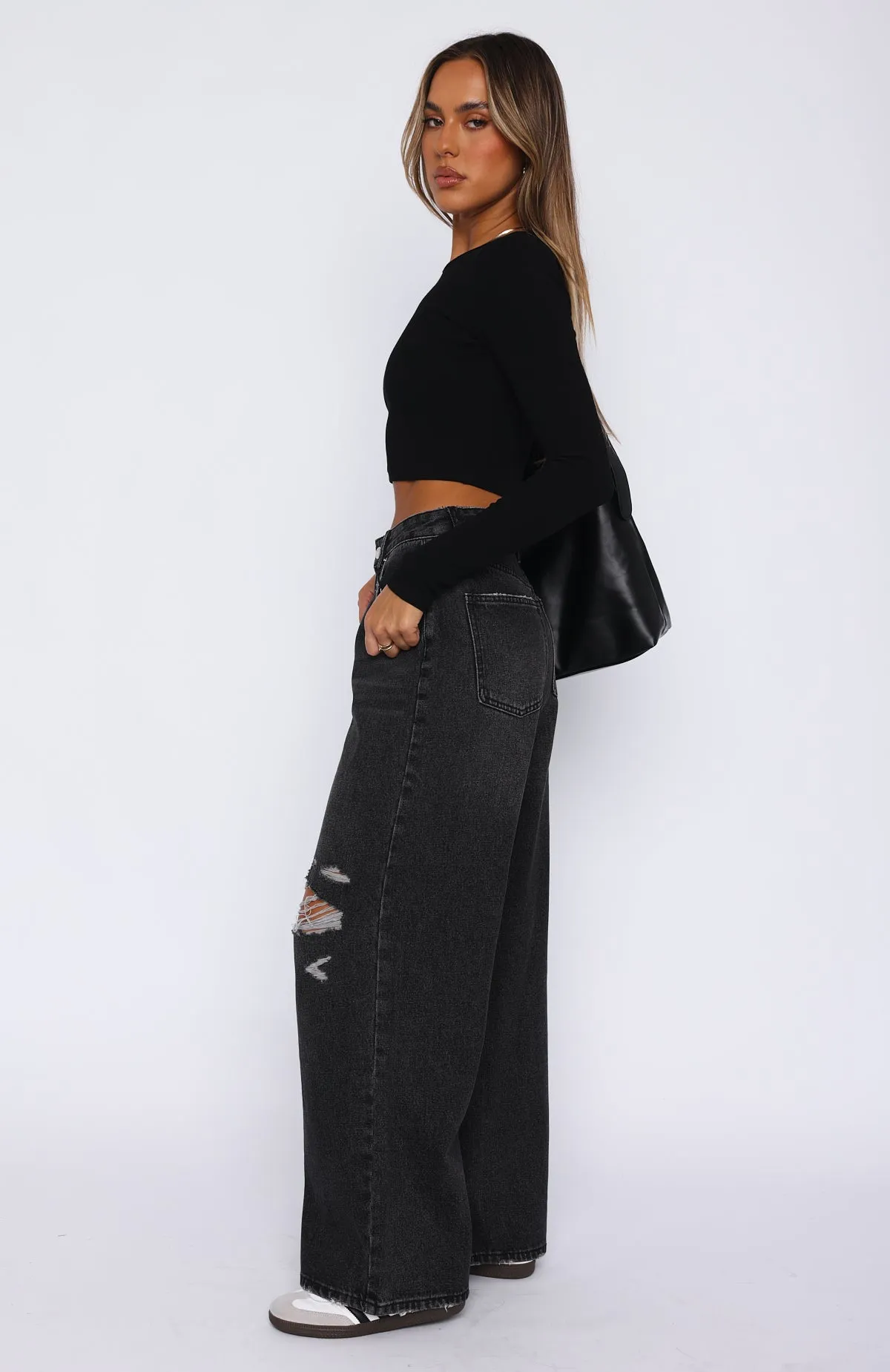 Harley Mid Rise Wide Leg Jeans Black Acid Wash sold by White Fox Boutique product image thumbnail 3