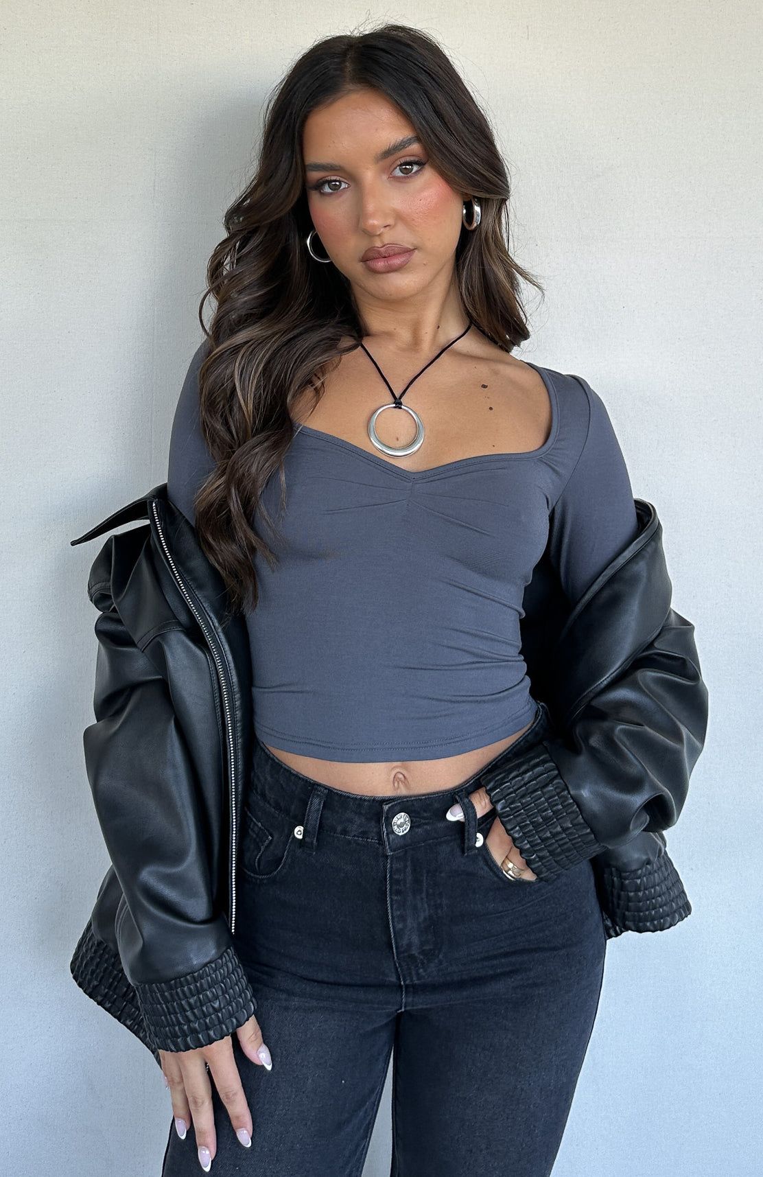 Bring It Down Long Sleeve Top Charcoal sold by White Fox Boutique