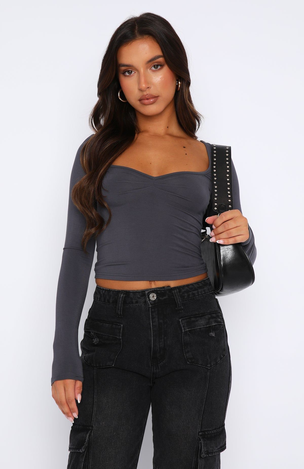 Bring It Down Long Sleeve Top Charcoal sold by White Fox Boutique product image thumbnail 2