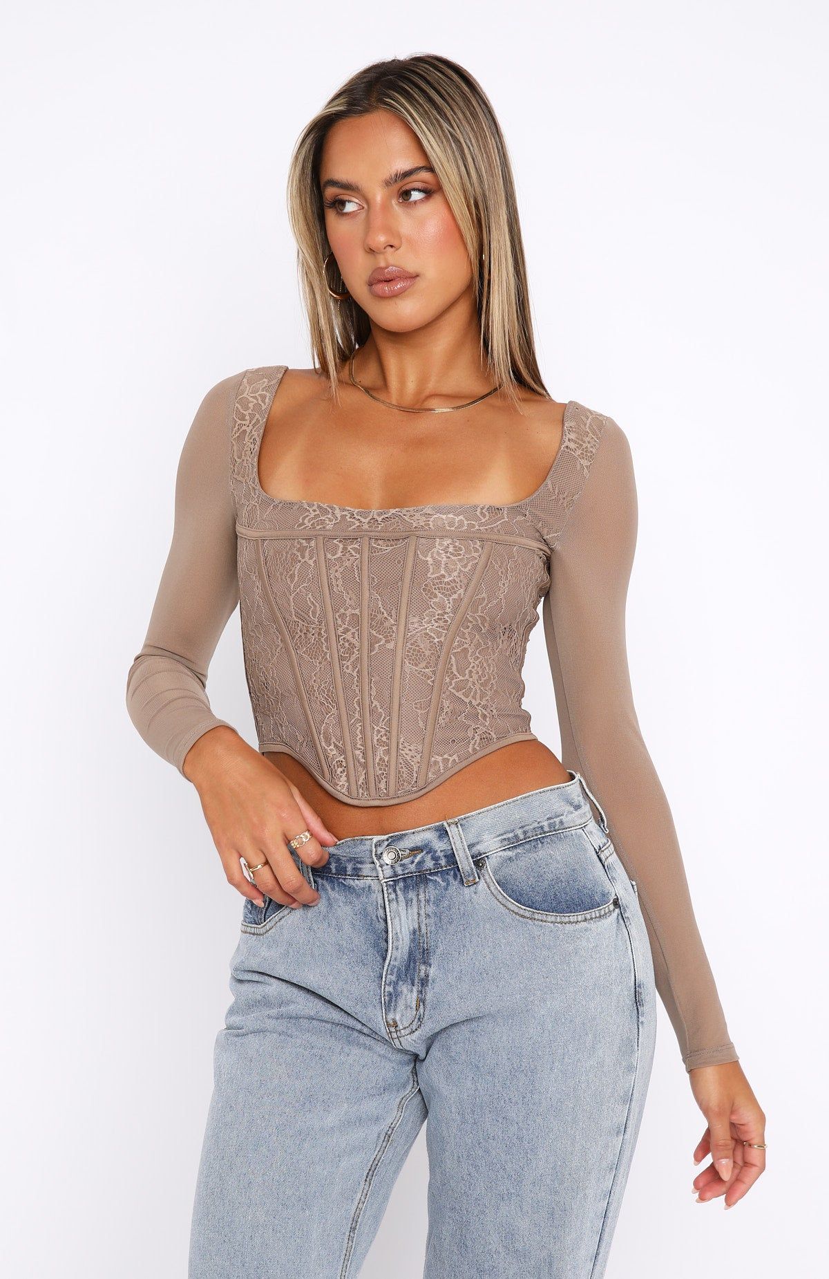 Met In The South Long Sleeve Lace Bustier Mocha sold by White Fox Boutique product image thumbnail 2
