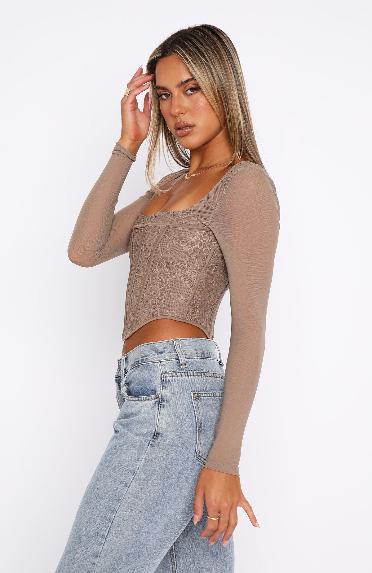 Met In The South Long Sleeve Lace Bustier Mocha sold by White Fox Boutique product image thumbnail 3