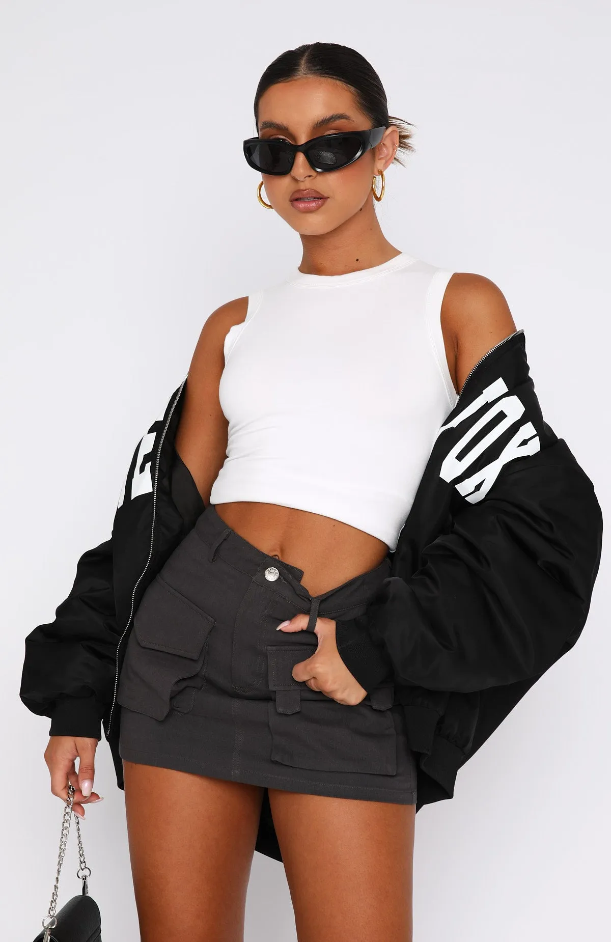 Weekend Travels Cargo Mini Skirt Charcoal sold by White Fox Boutique product image thumbnail 2