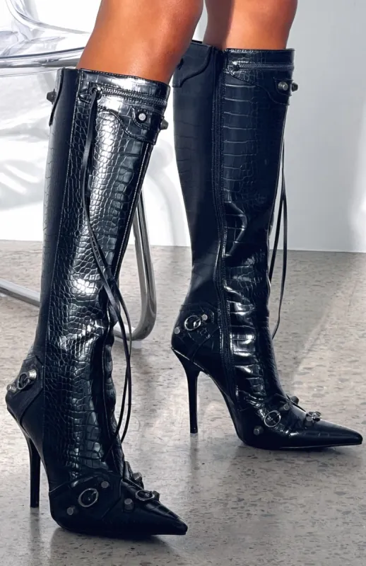 Jasmine Knee High Boots Black Croc sold by White Fox Boutique