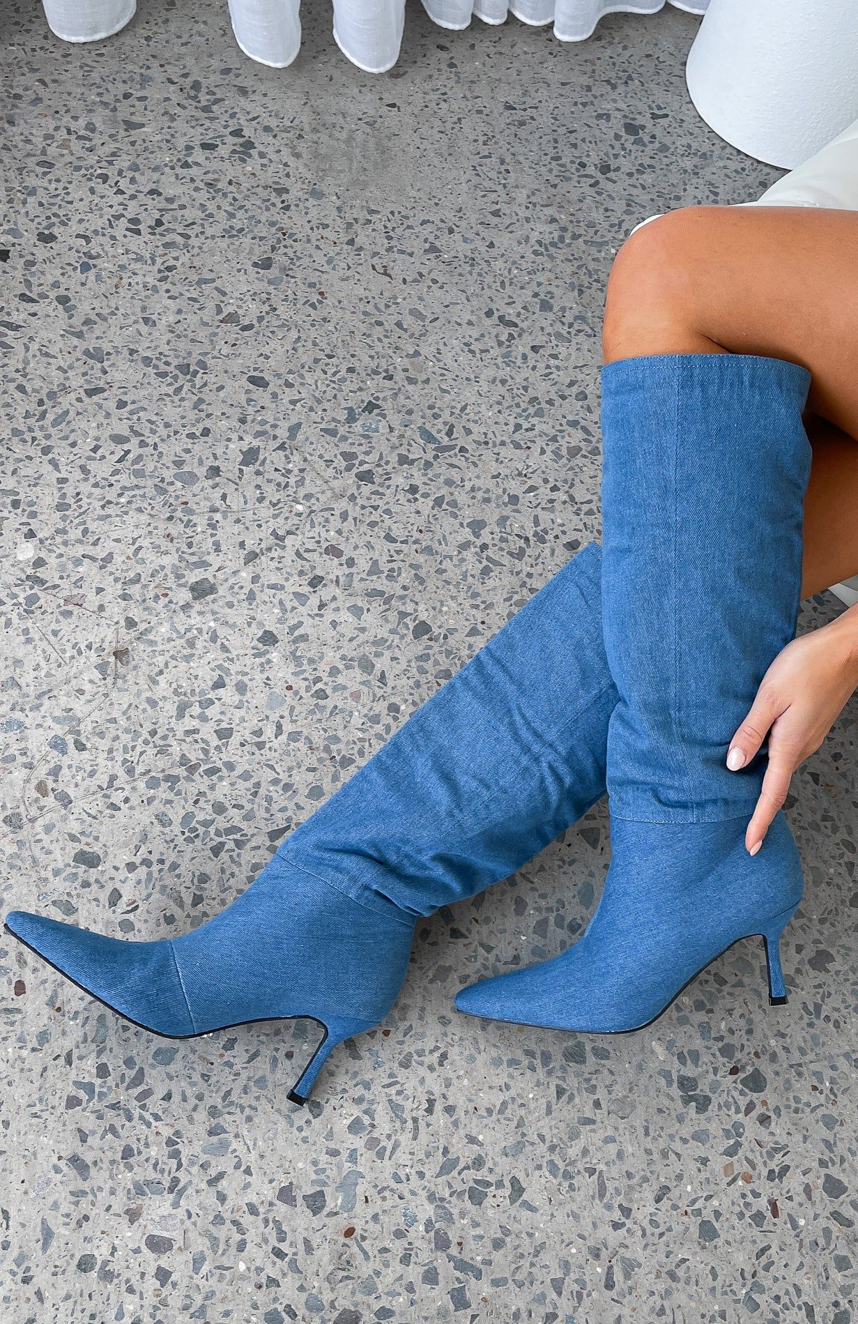 Baby Blue Denim Knee High Boots Denim sold by White Fox Boutique product image thumbnail 5