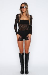 Down The Line Long Sleeve Lace Playsuit Black sold by White Fox Boutique