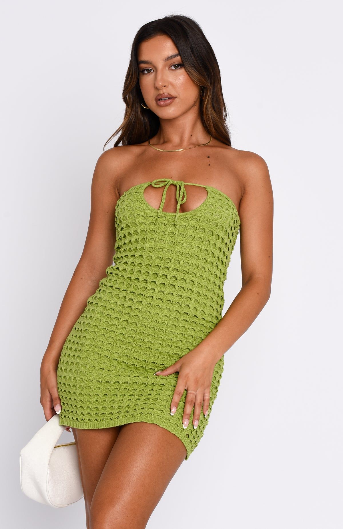 More Than I Should Crochet Mini Dress Matcha sold by White Fox Boutique product image thumbnail 2