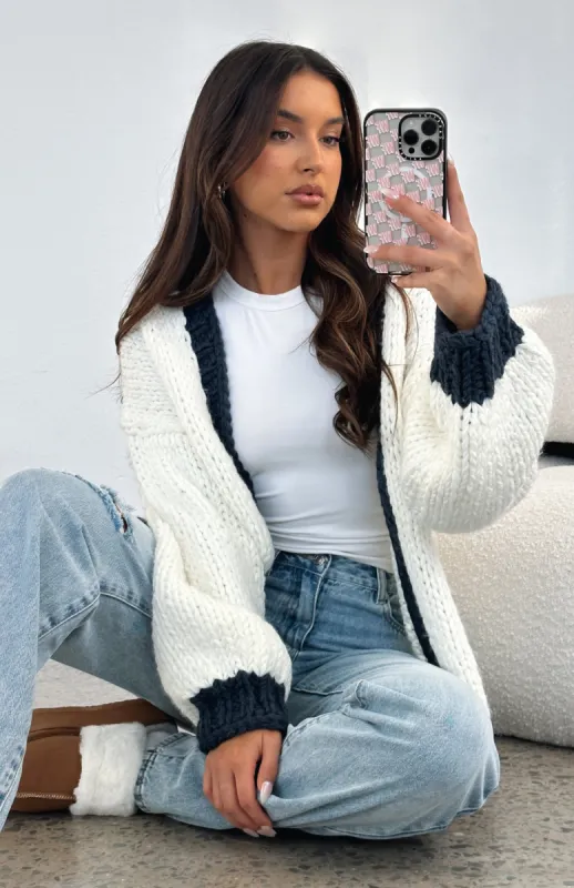 A Little Too Much Knit Cardigan Cream/Navy sold by White Fox Boutique