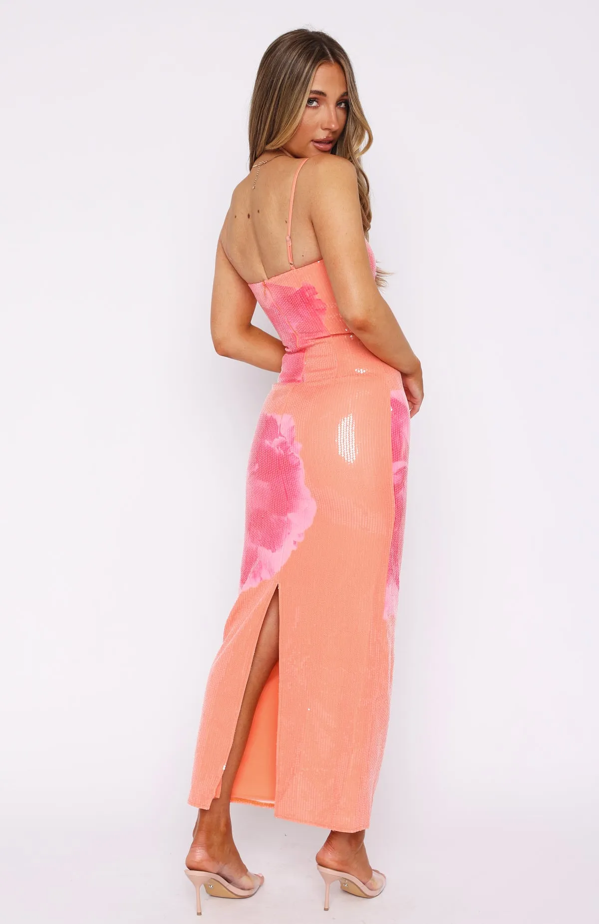 Telling Me Lies Sequin Maxi Dress Tangerine Blossom sold by White Fox Boutique product image thumbnail 4