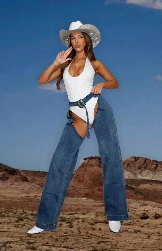She's Most Wanted Denim Chaps Mid Blue Wash sold by White Fox Boutique