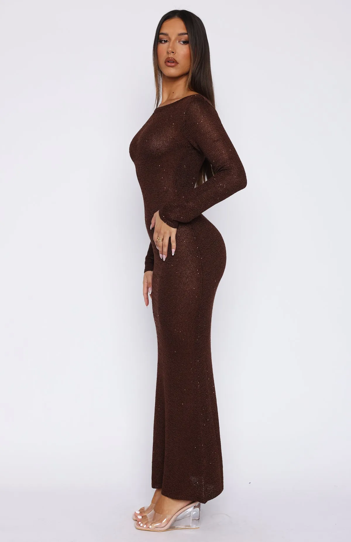 Divine Timing Long Sleeve Sequin Knit Maxi Dress Chocolate sold by White Fox Boutique product image thumbnail 3