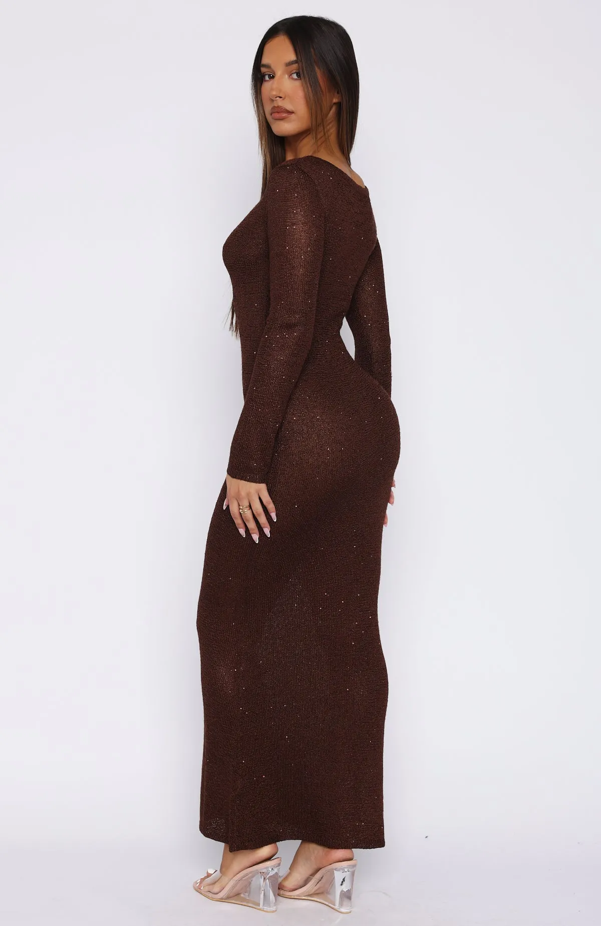 Divine Timing Long Sleeve Sequin Knit Maxi Dress Chocolate sold by White Fox Boutique product image thumbnail 4